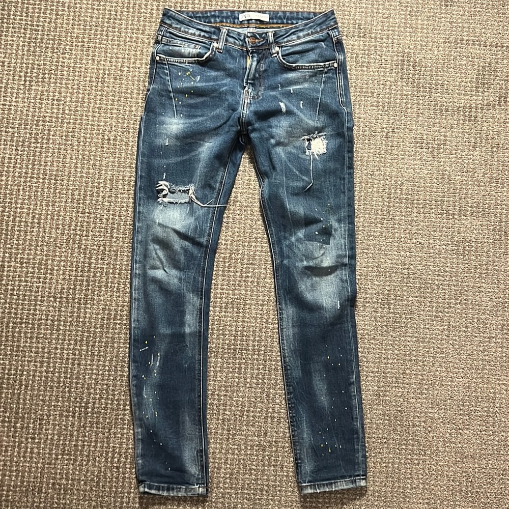 ZARA Distressed Paint Washed Denim Jeans w/ Holes